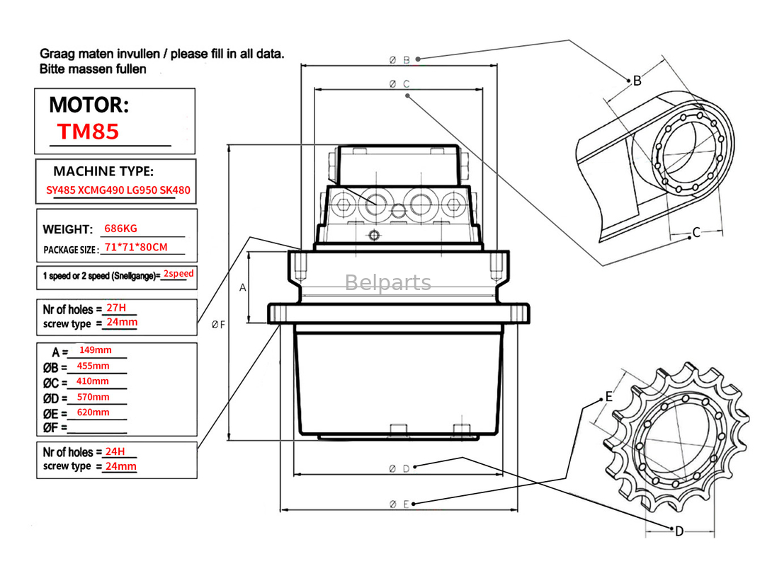 Belparts Excavator Travel Motor assy TM85 SY485 XCM490 LG950 SK480 Final Drive Assy dla kobelco sany