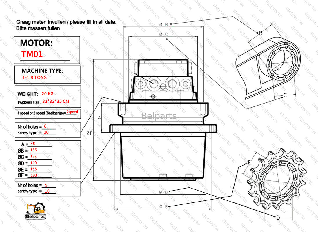 Ostatni napęd dla PC07-1 PC14R-2 PC15R-8 KOMATSU Mini Ekskawator Części zamienne 20W-60-12001 20W-60-12000 20M-60-91302 20W-60-32001 Reduktor ruchu PHV-1B-12 TM01