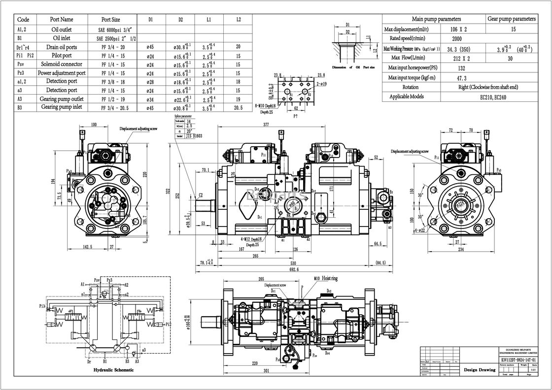 Pompy hydrauliczne dla VOLVOo EC210 EC210B EC240 EC240B Części kopalni SA 1142-00012 SA 8230-14650 SA 1142-00531 Kawasaki K3V112DT-9N24-14T OEM Pumpy tłokowe